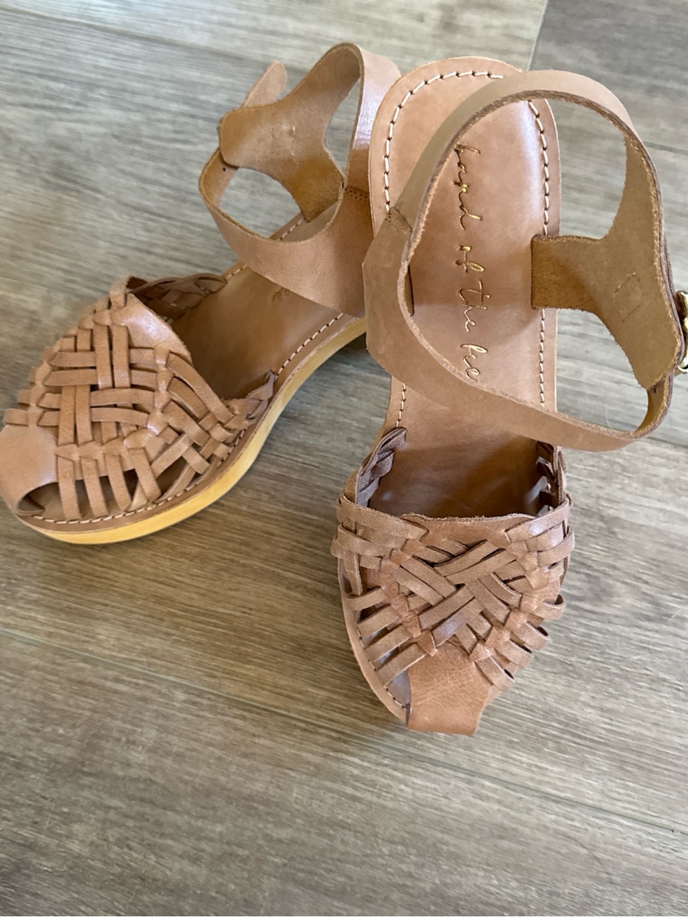 We the Free Magnolia Tan Woven Leather Wood Platform Sandals Size 10